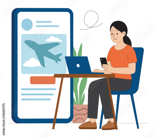 Flight Booking Vector Illustration Girl Using Mobile and Laptop to Plan Travel. Woman Booking Flight Online Travel App Concept with Laptop and Phone.