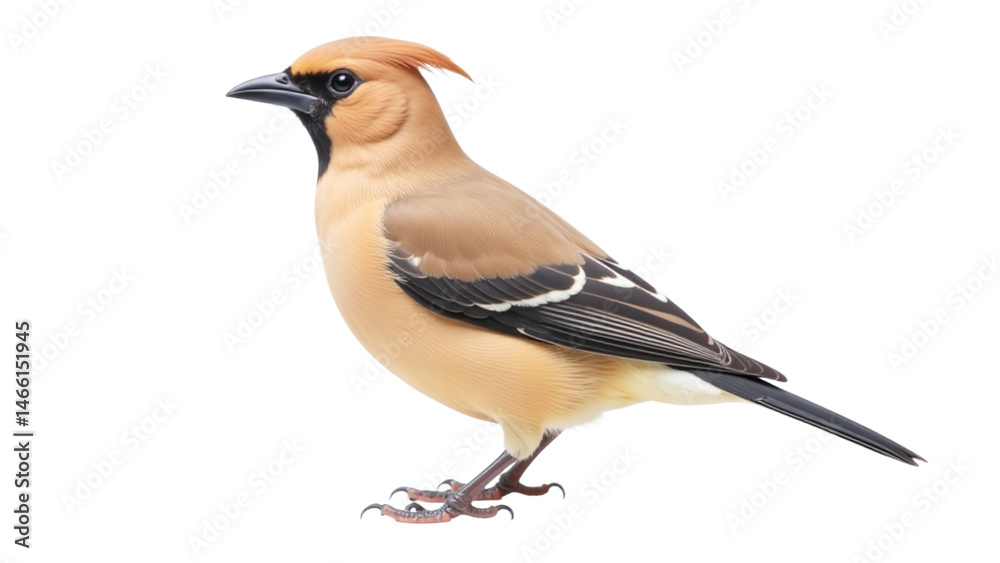 Fototapeta premium Waxwing bird, orange and brown feathers, black beak and wings, isolated on transparent background, png