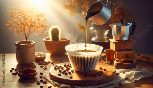 Absorbent coffee filter paper with fresh coffee dripping through, morning light background. photo
