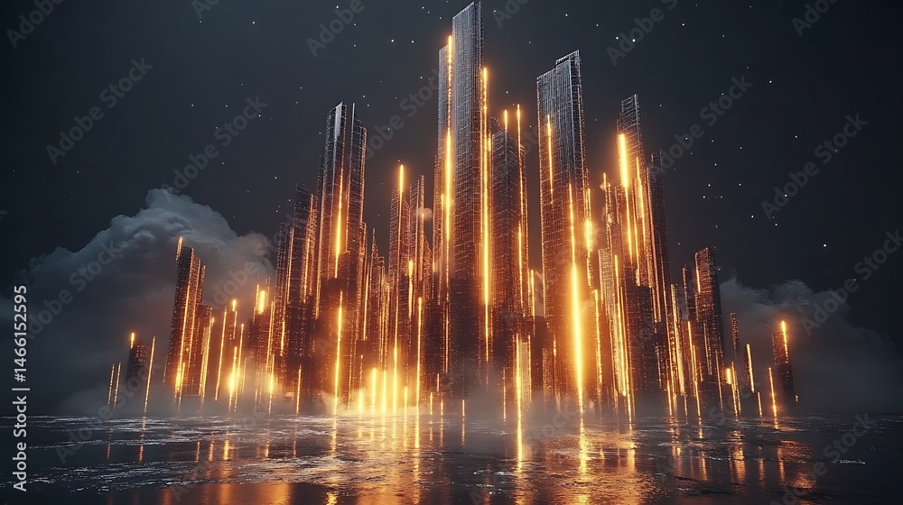 Obraz premium Futuristic city at night, glowing towers