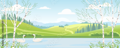 Birches on the shore of a lake with swans against the background of green fields and meadows, mountains and hills, blue sky with clouds. Swan lake in a birch grove. Landscape of a lake and mountains.