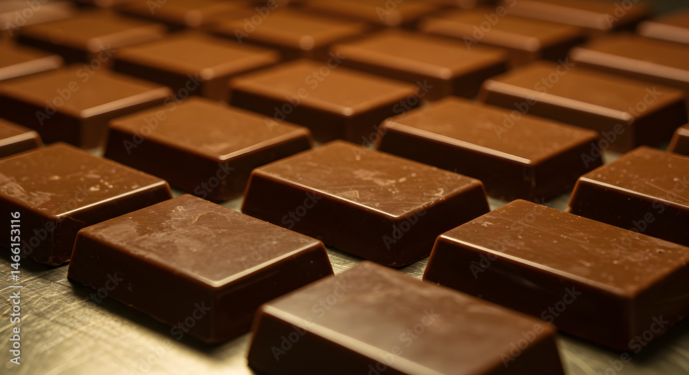 Neatly Arranged Array of Dark Brown Chocolate Blocks in Macro Studio Shot with Uniformity and Shiny Surface on Flat Lay Neatly Arranged Array of Dark Brown Chocolate Blocks in Macro Studio Shot with Uniformity and Shiny Surface on Flat Lay