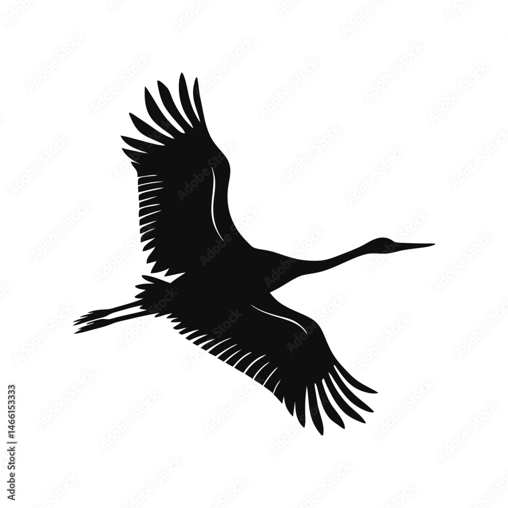 Obraz premium Elegant Silhouette of a Flying Crane Bird with Outstretched Wings. Nature and Wildlife Art for Stock Illustrations and Graphics