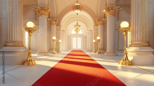 3D luxury red carpet with gold barriers for events awards and premieres illustrated in realistic detail Copy space image Place for adding text or design