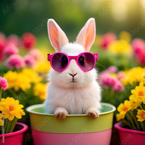  A charming bunny with pink sunglasses poses inside a flower pot amidst vibrant, colorful blooms, embodying spring's playful spirit.