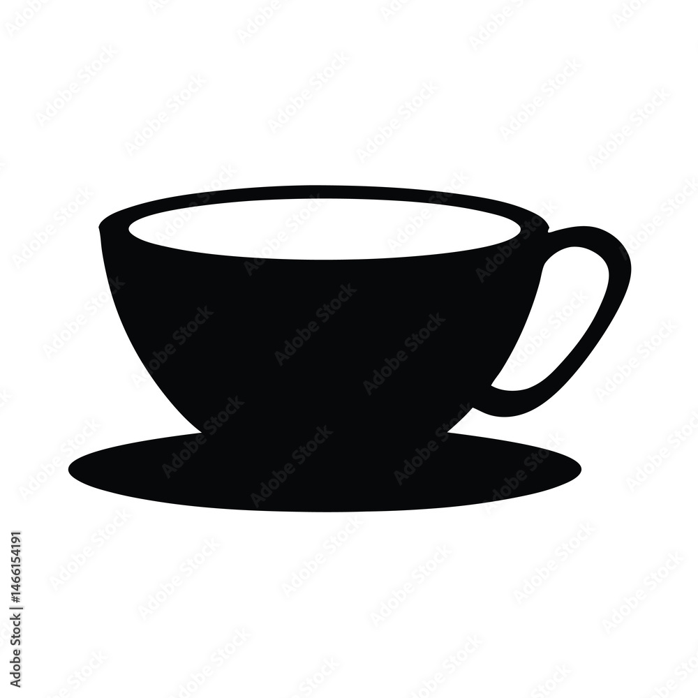 tea cup with saucer vector silhouette icon, black and white illustration of drinks.