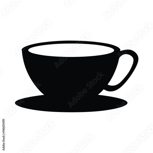 tea cup with saucer vector silhouette icon, black and white illustration of drinks.