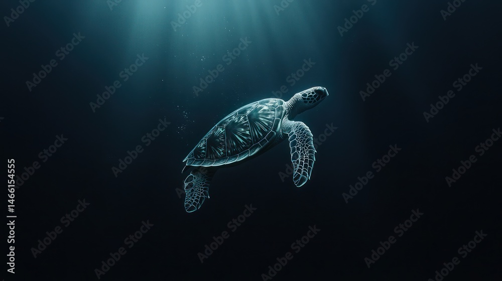 Sea turtle swimming in deep ocean, sunbeams piercing darkness