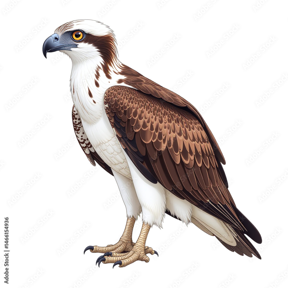 Obraz premium Osprey bird of prey illustration with brown and white feathers isolated on white background for educational posters and nature branding