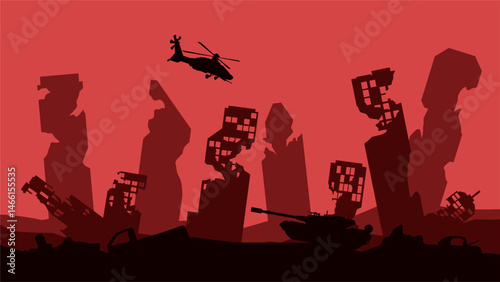 Silhouette of destroyed city in the battlefield landscape. Cityscape of aftermath war in the downtown area with city ruins. Vector illustration of urban apocalypse scene with helicopter and tank