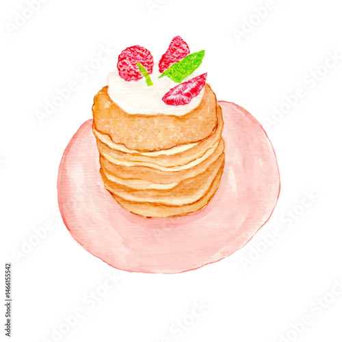 vector watercolor pancakes with strawberry. It can be used for card, postcard, cover, invitation. hand drawn food illustration isolated on white background.