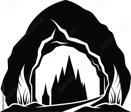 Black and White Mountain Shiloutee design, mountain, hill, cave, waterfall, set, etc.