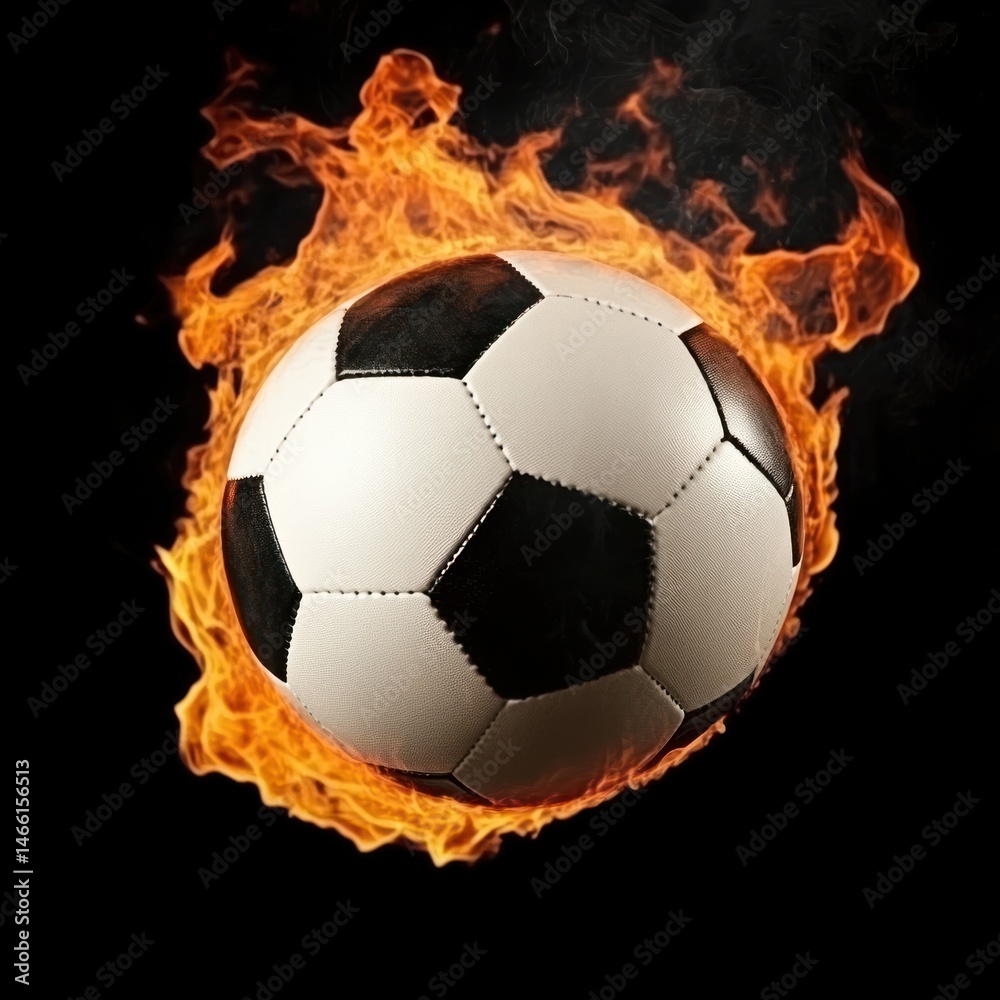 Fototapeta premium A soccer ball engulfed in flames against a black background. Fiery, intense, and dramatic image of the ball in mid-air, with vibrant orange and yellow flames surrounding it