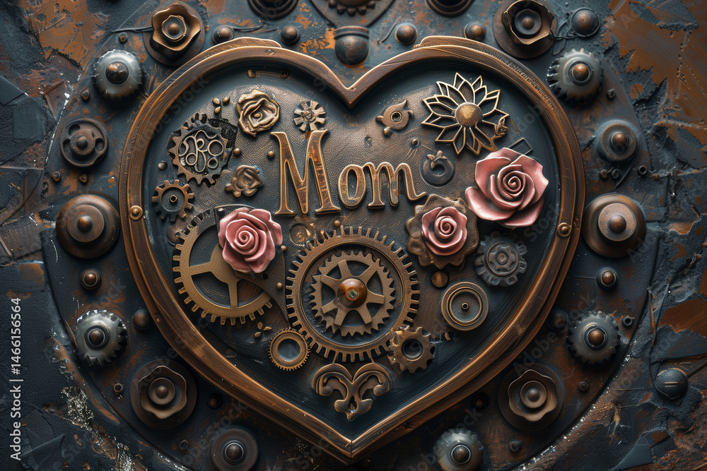 Steampunk heart with gears and roses symbolizes a mother's timeless love in vintage mechanical elegance. Mothers day Steampunk heart with gears and roses symbolizes a mother's timeless love in vintage mechanical elegance. Mothers day