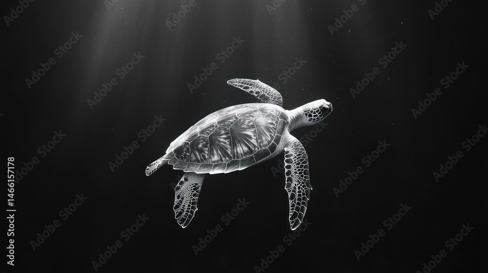 Obraz premium Underwater sea turtle, grayscale, sunbeams. Silhouetted, serene, swimming in deep ocean