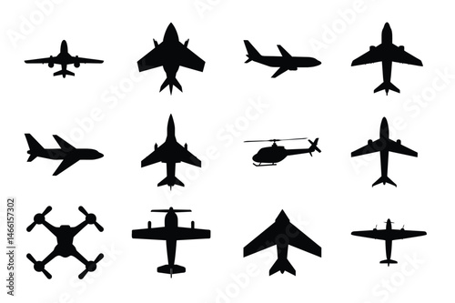 Airplane icon set vector on white background, Collection of Airplane Silhouettes Top View Airplanes, Helicopters, and Drones - Vector Illustration Set for Design Projects, 