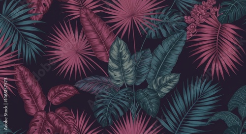 Dark Background Tropical Leaf Pattern in Pink and Teal