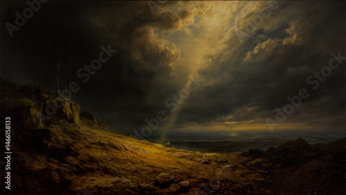 Dramatic sunlight breaks through dark clouds over rugged landscape at dusk