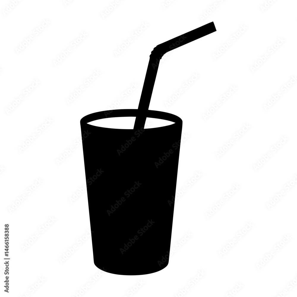 drinking straw in glass vector silhouette icon, black and white illustration of drinks.