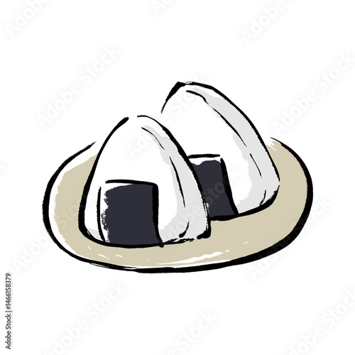 筆タッチの皿に乗ったおにぎりのイラスト
