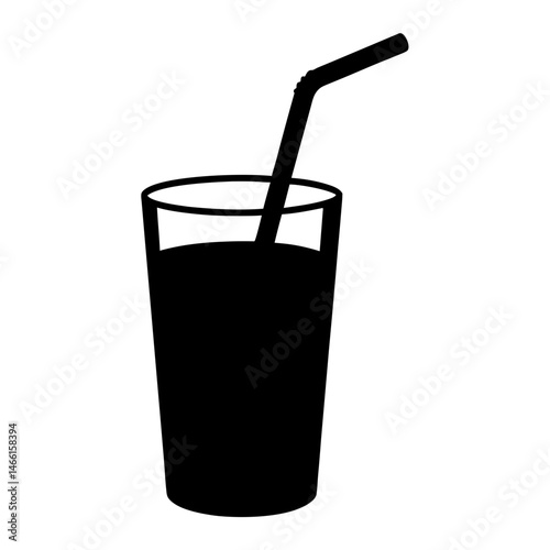 drinking straw in glass vector silhouette icon, black and white illustration of drinks.