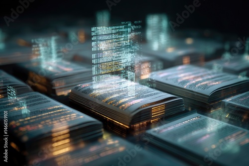 Machine learning AI generating structured academic papers data-driven algorithms shaping information futuristic AI workspace