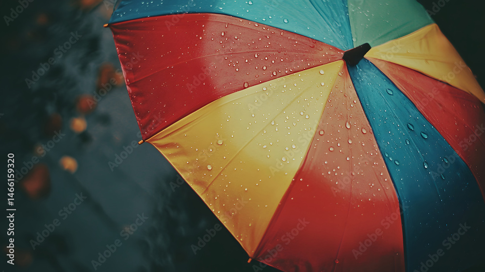 Mid-range view of colorful umbrella tilted during rainfall with visible droplets bouncing off surface, capturing seasonal weather energy and vibrant outdoor textures in rainy backdrop