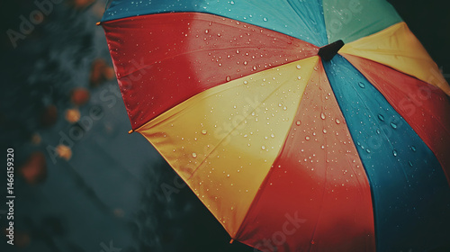 Obraz na płótnie Mid-range view of colorful umbrella tilted during rainfall with visible droplets bouncing off surface, capturing seasonal weather energy and vibrant outdoor textures in rainy backdrop w salonie