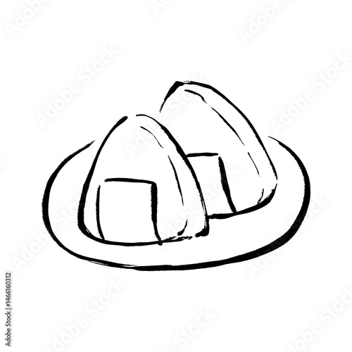 筆タッチの皿に乗ったおにぎりのイラスト