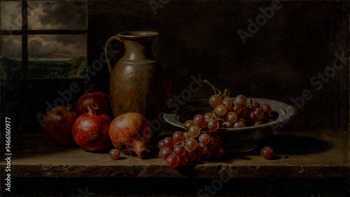 Still life featuring pomegranate, grapes, and quinces in a rustic basket against a dark background