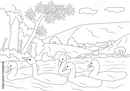 Young Swans Swimming in Natural Waterflow - Line Art, Line art illustration depicting a group of young swans gracefully swimming in a natural waterflow. The background features a peaceful landscape 