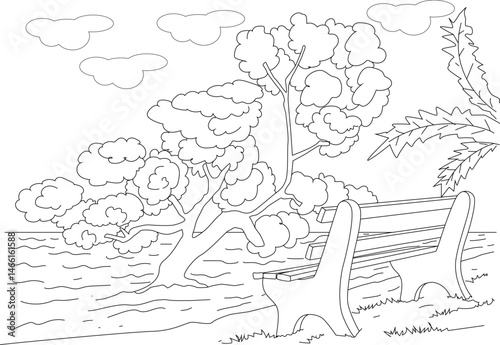 Line Art of Wooden Bench by the River Side, Black and white outline drawing of a wooden bench situated by the side of a river or lake, beneath a large tree with clouds in the sky. Ideal for coloring 