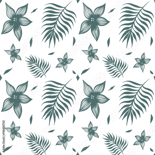 Seamless Tropical Floral Pattern with Leaves and Flowers in Soft Green Tones