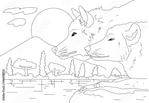 Beautiful Wolves in the Wild Landscape Line Art, Line art illustration featuring two beautiful wolves side-by-side, gazing out over a serene jungle or forest landscape with mountains, trees, and 