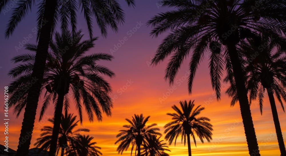 Silhouette Palm Trees Against Vibrant Sunset Sky