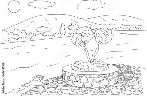 Duck by the Riverside - Line Drawing, Black and white outline drawing of a duck standing on a stone riverbank with a planter. The background shows a landscape with trees, hills, clouds, and the sun. 