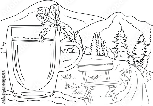 Tea with a View Line Art, Line art illustration of a steaming tea cup with a mint leaf, set against a scenic background of mountains, trees, and a bench on a hill. Ideal for coloring books or 