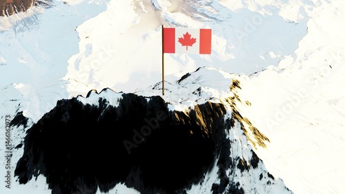 3D rendering of the Canadian national flag, featuring a red field with a white square at its center bearing a red, stylized 11-pointed maple leaf, gracefully waving atop a snow-covered mountain peak, 