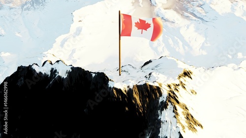 3D rendering of the Canadian national flag, featuring a red field with a white square at its center bearing a red, stylized 11-pointed maple leaf, gracefully waving atop a snow-covered mountain peak, 