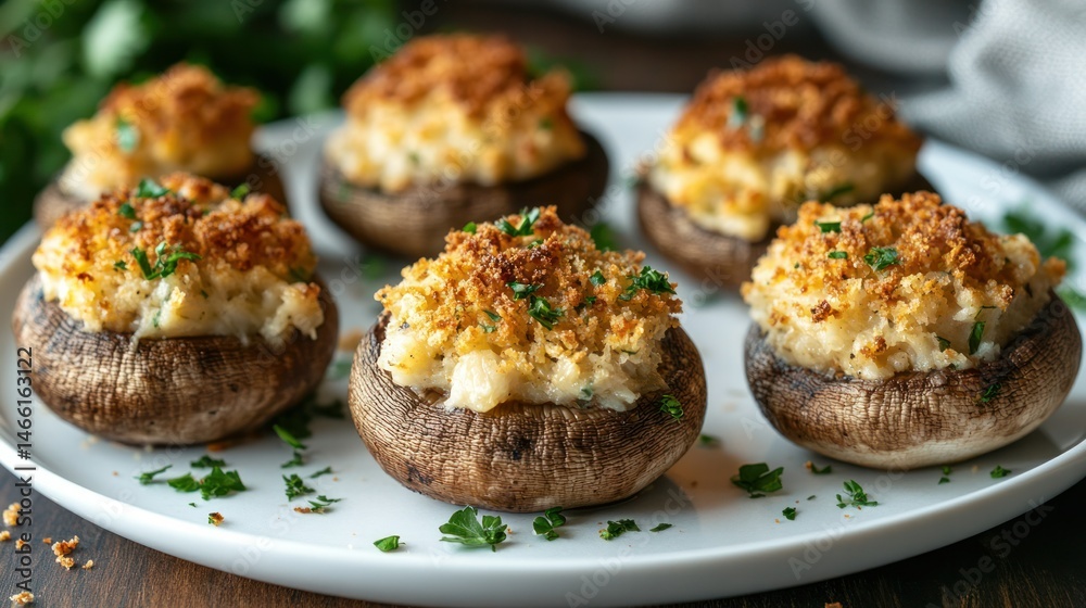 Delicious Stuffed Mushrooms with Creamy Cheese and Breadcrumb Topping Baked to Perfection on a White Plate for Appetizers and Party Snacks Delicious Stuffed Mushrooms with Creamy Cheese and Breadcrumb Topping Baked to Perfection on a White Plate for Appetizers and Party Snacks