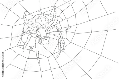 Simple Spider Web Line Illustration, Black and white line art illustration of a spider in its web. Simple drawing suitable for coloring books, designs, or educational content. 