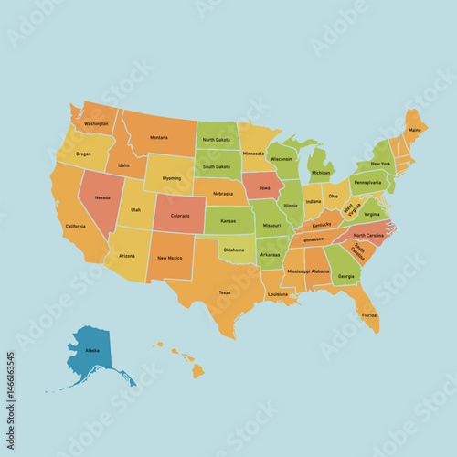 Colorful United States Map with State Names and Borders on Blue Background