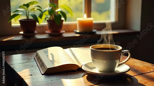 Cozy morning coffee and a good book by the window