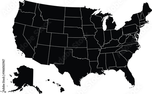 Solid Black Silhouette Map of the United States with State Outlines