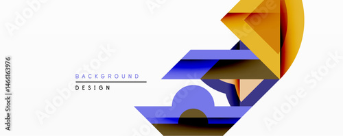 Abstract geometric design features layered shapes, vibrant colors. Gradient fills create depth, modern aesthetic. Minimalist composition suits backgrounds, presentations.