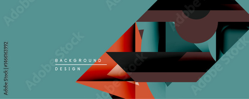 Abstract geometric composition. Overlapping shapes create dynamic visual effect. Teal background contrasts with red, black, brown elements. Modern design aesthetic.