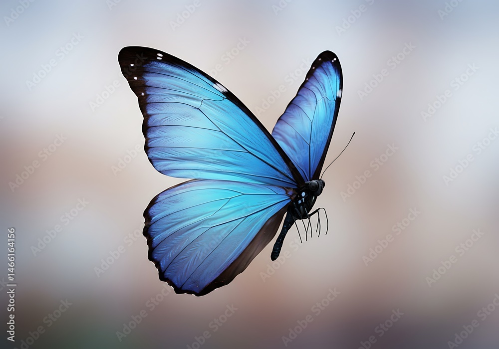 Obraz premium Blue Morpho Butterfly in Flight, Soft Focus Background