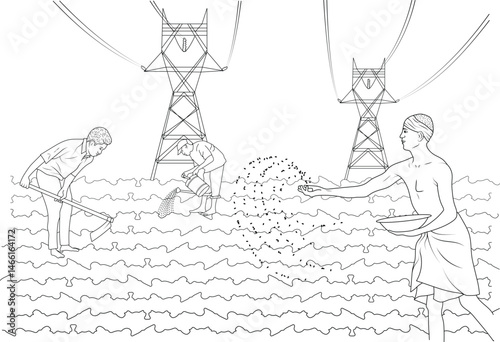 Farmers Doing Various Tasks in a Field with Power Lines, A line drawing illustration depicting three men engaged in different farming activities in a field. One man is hoeing the soil, another is 