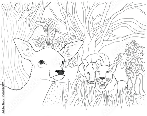 Lions Catching The Deer Line Art, Black and white line drawing depicts two big cats, suggested by the filename to be lions, in the process of catching a deer in a jungle or forest environment. This 