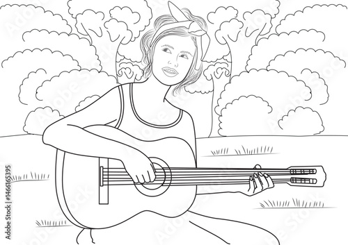 Girl Playing Acoustic Guitar Outdoors, Black and white line drawing of a young woman playing an acoustic guitar in a park or garden setting, surrounded by trees and grass. 